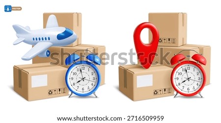 Air mail, Fast delivery, express delivery concept. Cardboard boxes, parcels, with alarm clock, location pin and flying plane. Transport logistic concept. 3d realistic isolated vector illustration