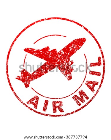 Air mail grunge style vector rubber stamp with silhouette of flying airplane