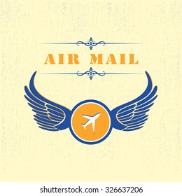 Air mail label with circle and wings, dusty background