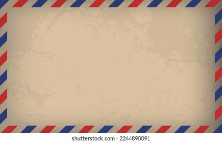 Air mail letter. Post stamp. Airmail frame postcard. Blue red stripes pattern. Mockup template envelope. Vector illustration