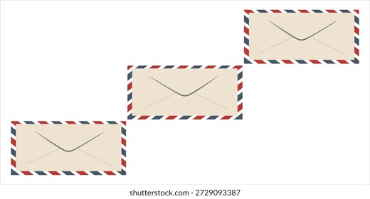 Luftpostbrief. Briefmarke. Postkarte mit Luftpostrahmen. Blaue rote Streifen Muster.