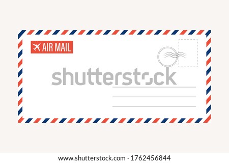 air mail letter vector. post stamp. airmail frame postcard. blue red stripes pattern. mockup template envelope. on white background. retro vintage blank message. world international