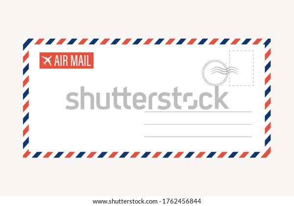 air mail\
letter vector. post stamp. airmail frame postcard. blue red stripes\
pattern. mockup template envelope. on white background. retro\
vintage blank message. world\
international