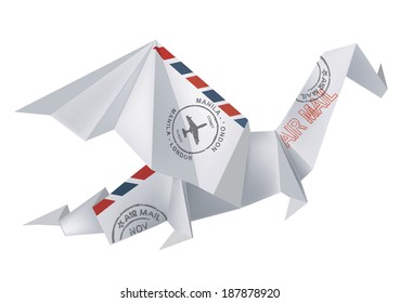 AIR MAIL Origami Dragon Origami dragon with air mail post stamps on white background.  Vector  illustration. 