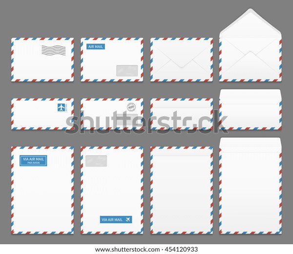Air mail paper\
letter envelopes vector set. Blank envelope for airmail,\
illustration of correspondence\
envelopes