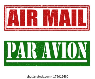 Air mail and par avion grunge rubber stamps, vector illustration