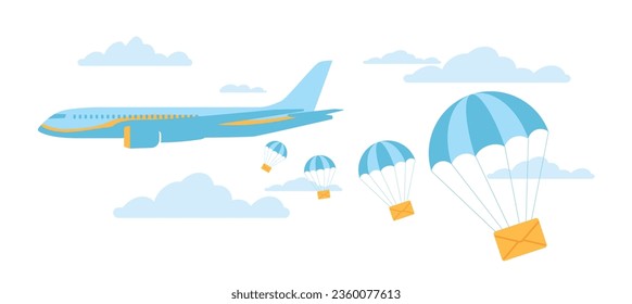 Air mail. Parachuted envelopes flying down from airplane. Aerial express delivery service. Sending letters. Messages in sky clouds. Shipping aircraft. Postal transport