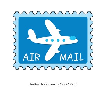 Air mail postage stamp with an airplane isolated cartoon vector illustration