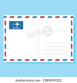Air mail postcard with postage stamp vector illustration on blue background. Air mail postcard template.