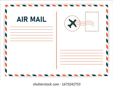 Air Mail. Postcard travel vector in air mail style with paper texture and rubber stamps on white background. Vector illustration.