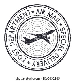 Postal de correo aéreo. Sello negro para sobres con avión. Ilustración de vectores aislada en fondo blanco