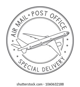 Air mail postmark. Black stamp for envelopes with airplane. Vector illustration isolated on white background