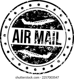 Air mail round label. Letter stamp. Grunge black seal