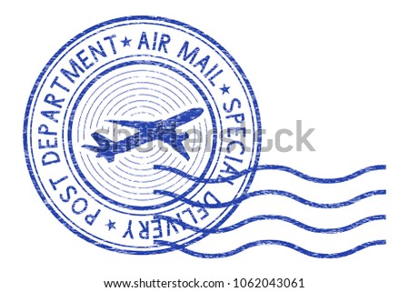 Air mail round postmark with waves. Vector illustration isolated on white background