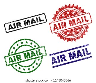 AIR MAIL seal prints with damaged surface. Black, green,red,blue vector rubber prints of AIR MAIL text with retro surface. Rubber seals with circle, rectangle, rosette shapes.