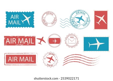 Air mail set blank postal stamps and marks. Retro Vintage postage card decorations. Blank template. Airmail text, plane collection.