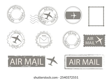 Air mail set blank postal stamps and marks. Retro Vintage postage card decorations. Blank template. Airmail text, plane collection.