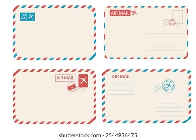 Air mail set blank postal stamps and marks. Retro Vintage postage card decorations. Blank template. Airmail text, plane collection.