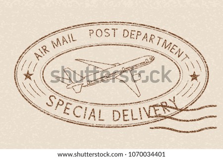 Air mail Special Delivery postmark. Beige oval sign with plane symbol. Vector illustration