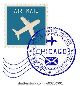 Air mail stamp. Chicago post round impress. Vector illustration isolated on white background