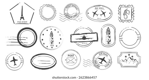 Air mail stamp retro vintage postage sign. Post stamp with plane icon, border template, rubber wavy frame for envelope. Postmark seal design element.