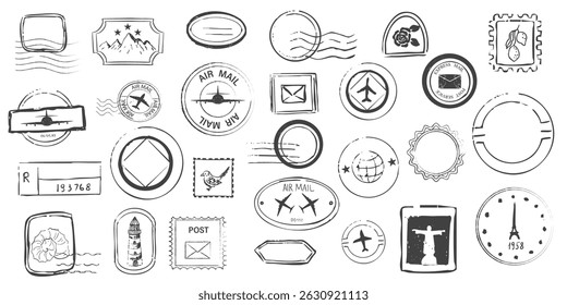 Air mail stamp retro vintage postage sign. Post stamp with plane icon, border template, rubber wavy frame for envelope. Postmark seal design element.