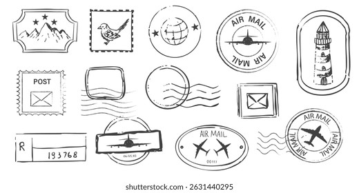 Air mail stamp retro vintage postage sign. Post stamp with plane icon, border template, rubber wavy frame for envelope. Postmark seal design element.