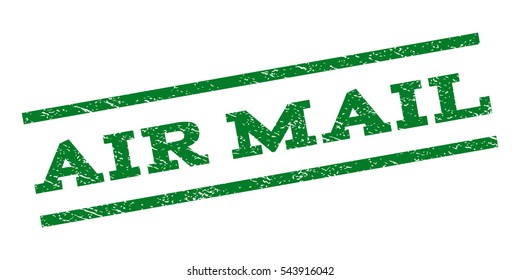 Air Mail watermark stamp. Text caption between parallel lines with grunge design style. Rubber seal stamp with unclean texture. Vector green color ink imprint on a white background.