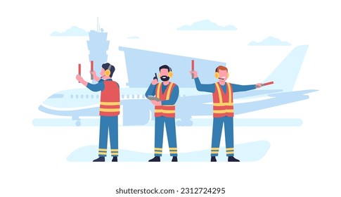 Air marshals in uniform with walkie-talkies. Employees in signal vests at aircraft runway. Airplane landing. Airport crew. Regulators poses. Standing men with sticks