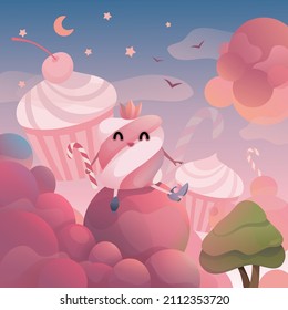 Air marshmallow sits on the clouds. Vector illustration in pale pink shades. A cute marshmallow girl is depicted. Perfect for card design, children's book cover, banner