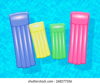 Air mattresses floating on blue water - two big ones and two child-size, as a symbol for family holiday or family friendly vacation destinations. Isolated vector illustration.