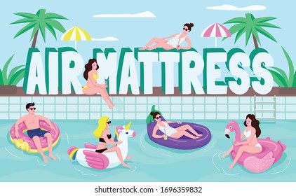 Air mattresses word concepts flat color vector banner. People on inflatable rings. Isolated typography with tiny cartoon characters. Pool summer party creative illustration on turquoise