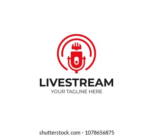 Air microphone and waves logo template. Live streaming vector design. Retro mic logotype