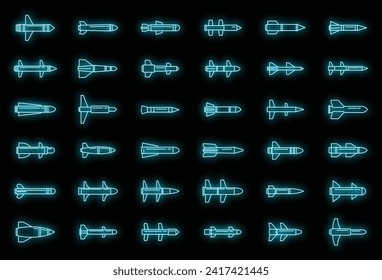Air missile attack icons set. Outline set of air missile attack vector icons neon color on black
