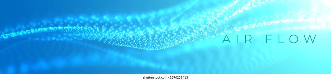 Air molecules waves with depth of field. Particle stream of clean fresh air. Air conditioner. Fresh scent and air filtration effect. Blue wide wavy background.