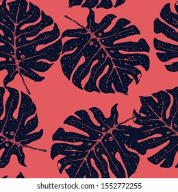 Air Monstera Leaf Vector Seamless Pattern. Cloud Fashion Banana Texture California Design. Pink Leaf Tropic Background. Cobalt Palm Tree Background