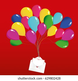 Air multicolored balloons lift up an envelope or letter with hearts. Valentine's Day. Love. Vector. Greeting card or invitation for a holiday