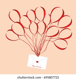 Air multicolored balloons lift up an envelope or letter with hearts. Valentine's Day. Love. Vector. Greeting card or invitation for a holiday.
