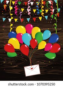 Air multicolored balloons raise an envelope or letter with hearts. Garland of flags and confetti. Valentine's Day. I love. Vector on wooden background. Greeting card or invitation for a holiday.