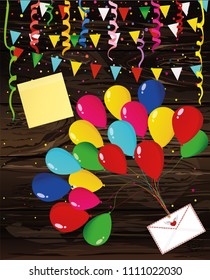 Air multicolored balloons raise an envelope or letter with hearts. Colorful confetti. Valentine's Day. Vector on wooden background. Greeting card or invitation for a holiday.