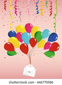 Air multicolored balloons raise an envelope or letter with hearts. Garland of flags and confetti. Valentine's Day. I love. Vector. Greeting card or invitation for a holiday