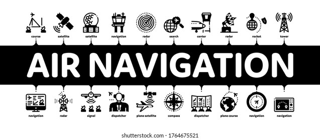 Air Navigation Tool Minimal Infographic Web Banner Vector. Air Navigation Dispatcher And Traffic Control Building, Satellite And Radar Illustration
