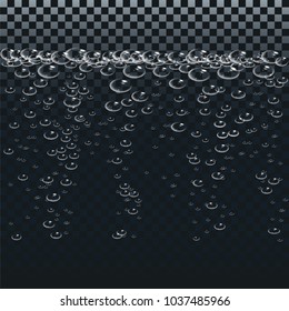 Air or oxygen gas bubbles under water. Boiling water.White bubbles set on transparent background. Realistic fizzy air.