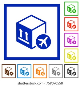 Air package transportation flat color icons in square frames on white background