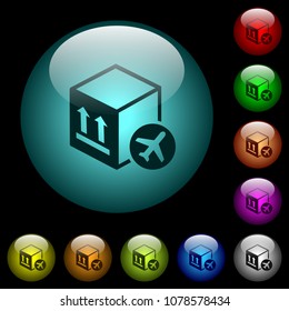 Air package transportation icons in color illuminated spherical glass buttons on black background. Can be used to black or dark templates
