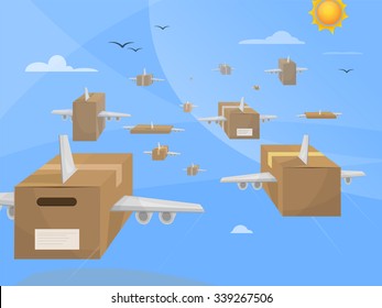 Air parcel deliveries. Packages with wings flying over the sky toward their destinations. Online shopping. Vector illustration.