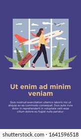 Air passenger with baggage walking through airport. Traveler wheeling suitcase flat vector illustration. Airliner, flight, trip concept for banner, website design or landing web page