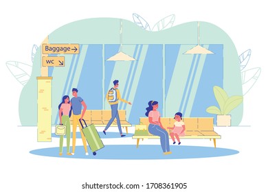 Air Passengers Diverse Cartoon Characters Waiting for Plane Boarding. People at Air Terminal Departure Hall Interior Background. Adults and Children going on Vacation. Flat Vector Illustration.