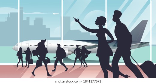 Air passengers rush to their flight in the departure hall. Life in an airport scene . Flat design vector illustration.