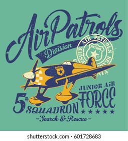 Air patrols squadron, vintage vector print for children wear grunge effect in separate layer